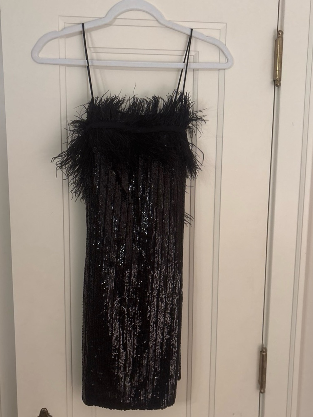 NBD Black Sequin Feather-Trim Strapless Slip Dress
